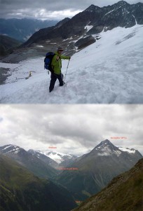 Abstieg übers Schneefeld - Blick Richtung Martin Busch Hütte