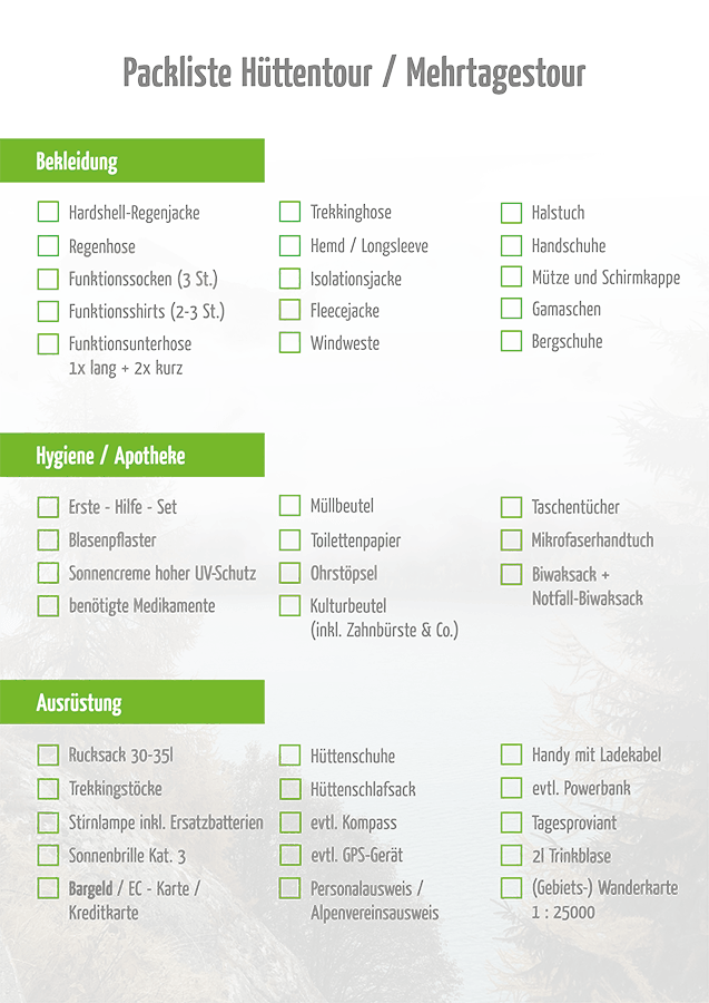 Packliste Hüttentour Mehrtagestour