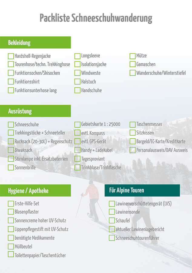 Packliste Schneeschuhwandern Rückseite