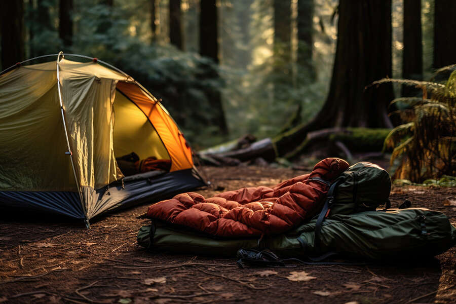 Mit Zelt und Schlafsack mitten im Wald