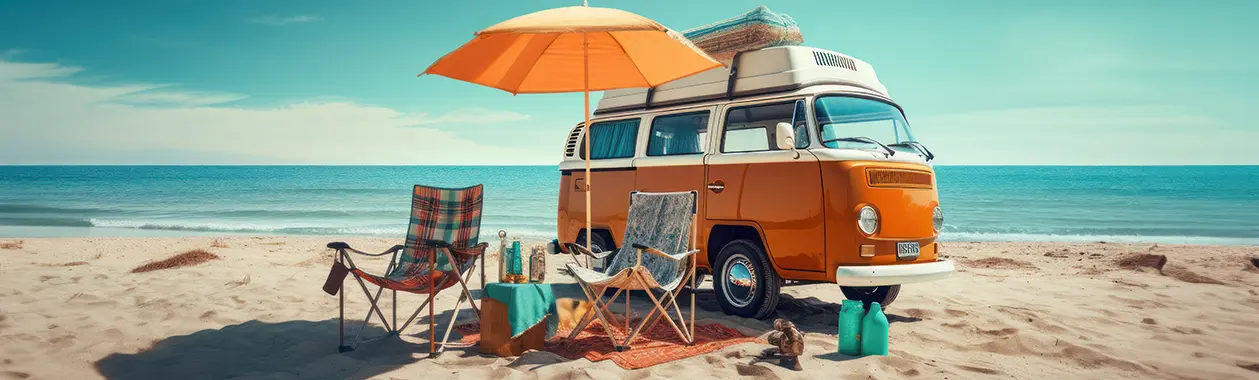 Ein Camperbus steht am Strand. Vor ihm Sonnenschirm und Campingmöbel